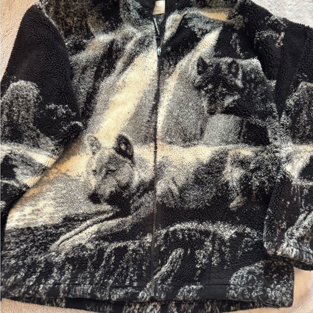 Black‎ Mountain Vintage 90s Wolf Print Fleece Jacket Medium Full Zip USA